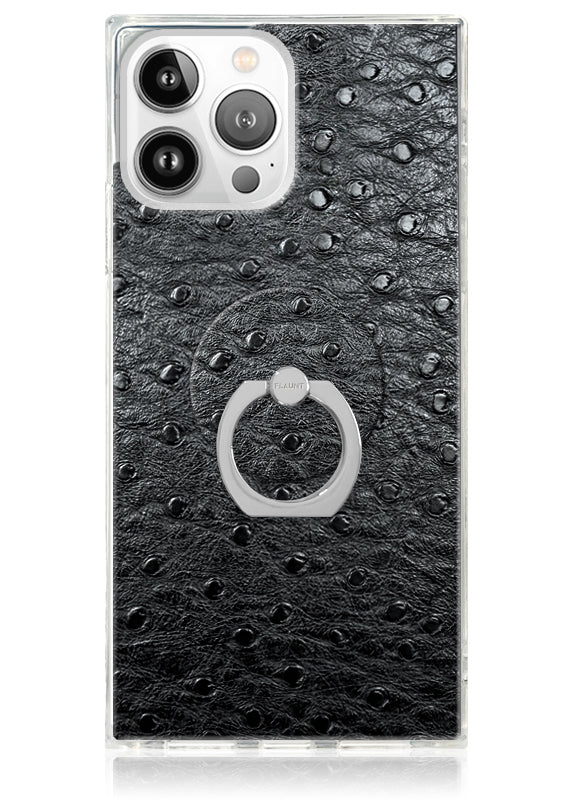 Black Ostrich Faux Leather Adhesive Phone Ring Stand - Image 3