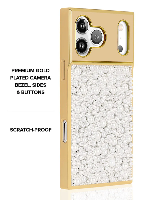 Elite Collection - SQUARE® Gold Metallic Embellished Faux Pearl iPhone Case (Not MagSafe Compatible) - Image 4