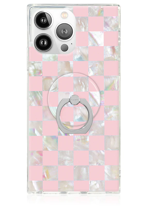 Pink Checkered Mother of Pearl Adhesive Phone Ring Stand - Image 3