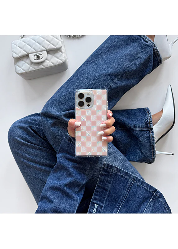 SQUARE® Pink Checkered Mother of Pearl iPhone Case - Image 65